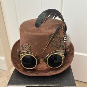 Brown Steampunk Hat with Goggles and Feathers